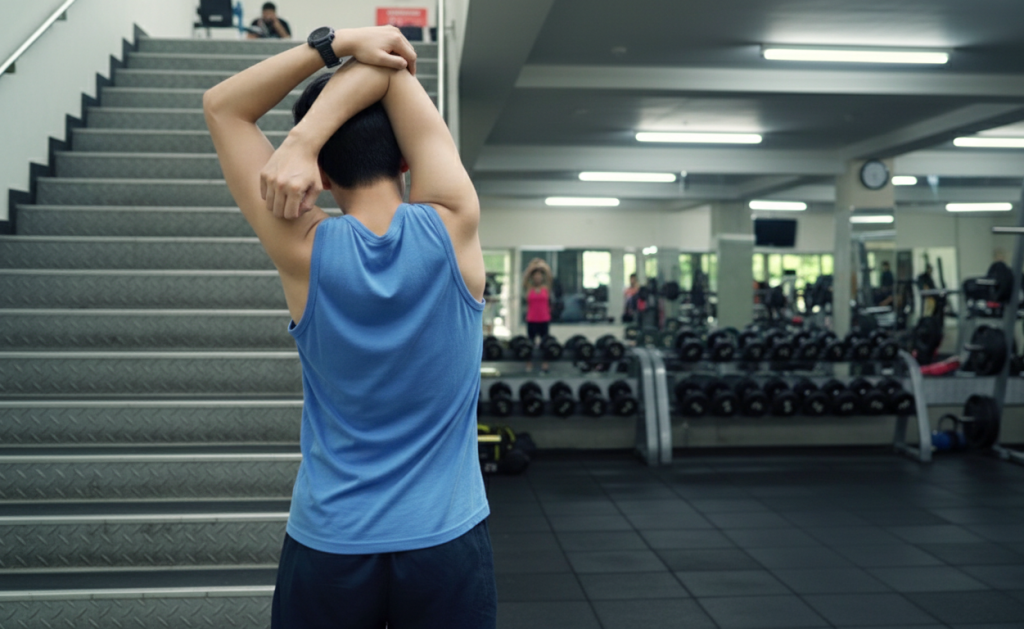 A man stretches his arms wide in a gym, showcasing his flexibility and focus on fitness