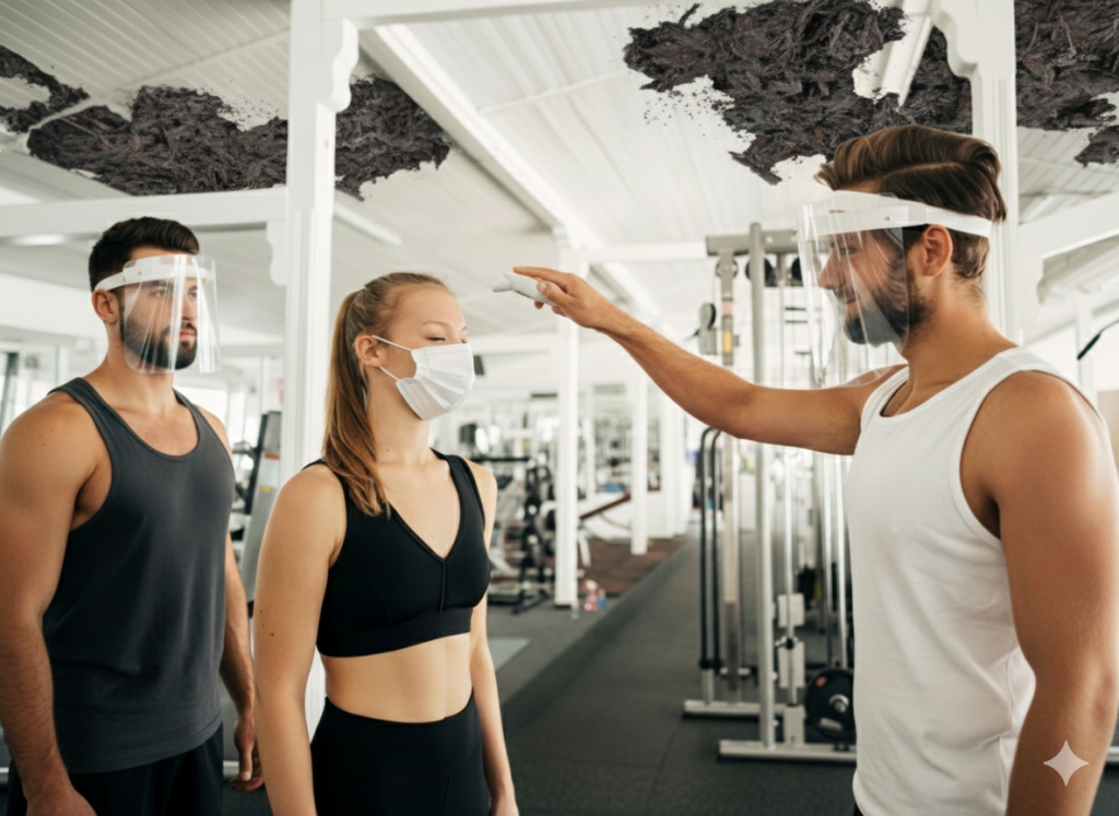 In a gym, a man in a face mask works out alongside a woman, both focused on their fitness routine